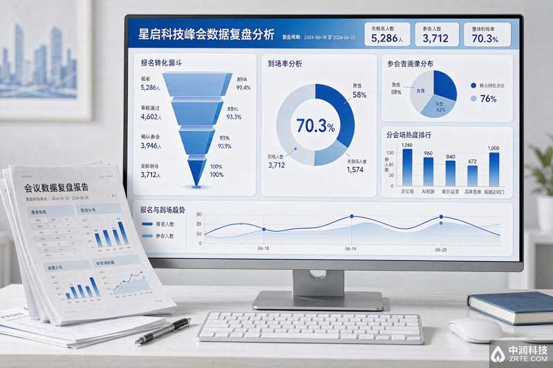 会议数据复盘：报名转化漏斗、到场率、参会者画像与分会场热度数据大屏