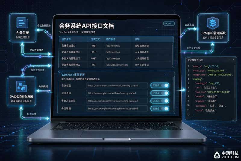 会务系统对接：开放API文档、Webhook事件配置与CRMOA系统集成数据流