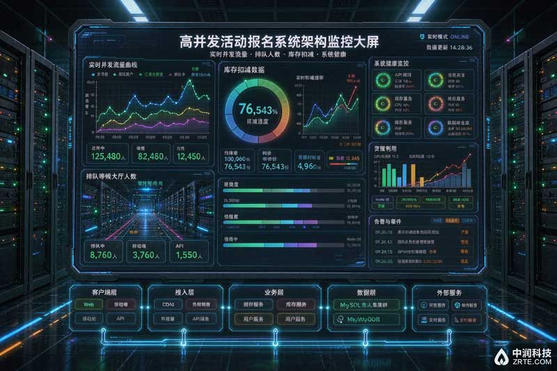 高并发活动报名系统：并发流量监控、排队等候大厅与库存扣减数据大屏