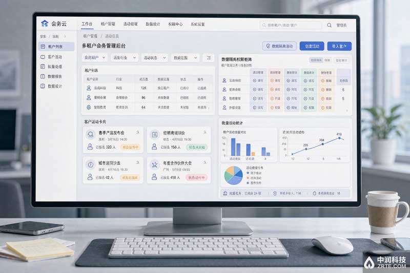 多租户会务SaaS平台：租户列表、多客户活动卡片与数据隔离权限矩阵后台