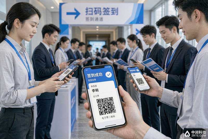 会议扫码签到系统：工作人员扫描参会者电子票二维码完成入场核销